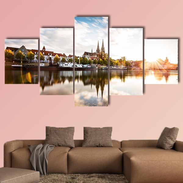 Skyline Of The City Regensburg At Sunset Canvas Wall Art-5 Star-Gallery Wrap-62" x 32"-Tiaracle