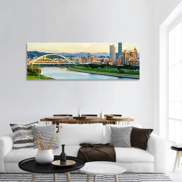 Skyline Of The Taipei City By The River Panoramic Canvas Wall Art-1 Piece-36" x 12"-Tiaracle