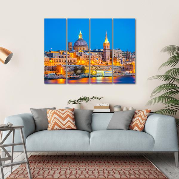 Skyline Of Valleta During Night In Malta Canvas Wall Art-4 Horizontal-Gallery Wrap-34" x 24"-Tiaracle