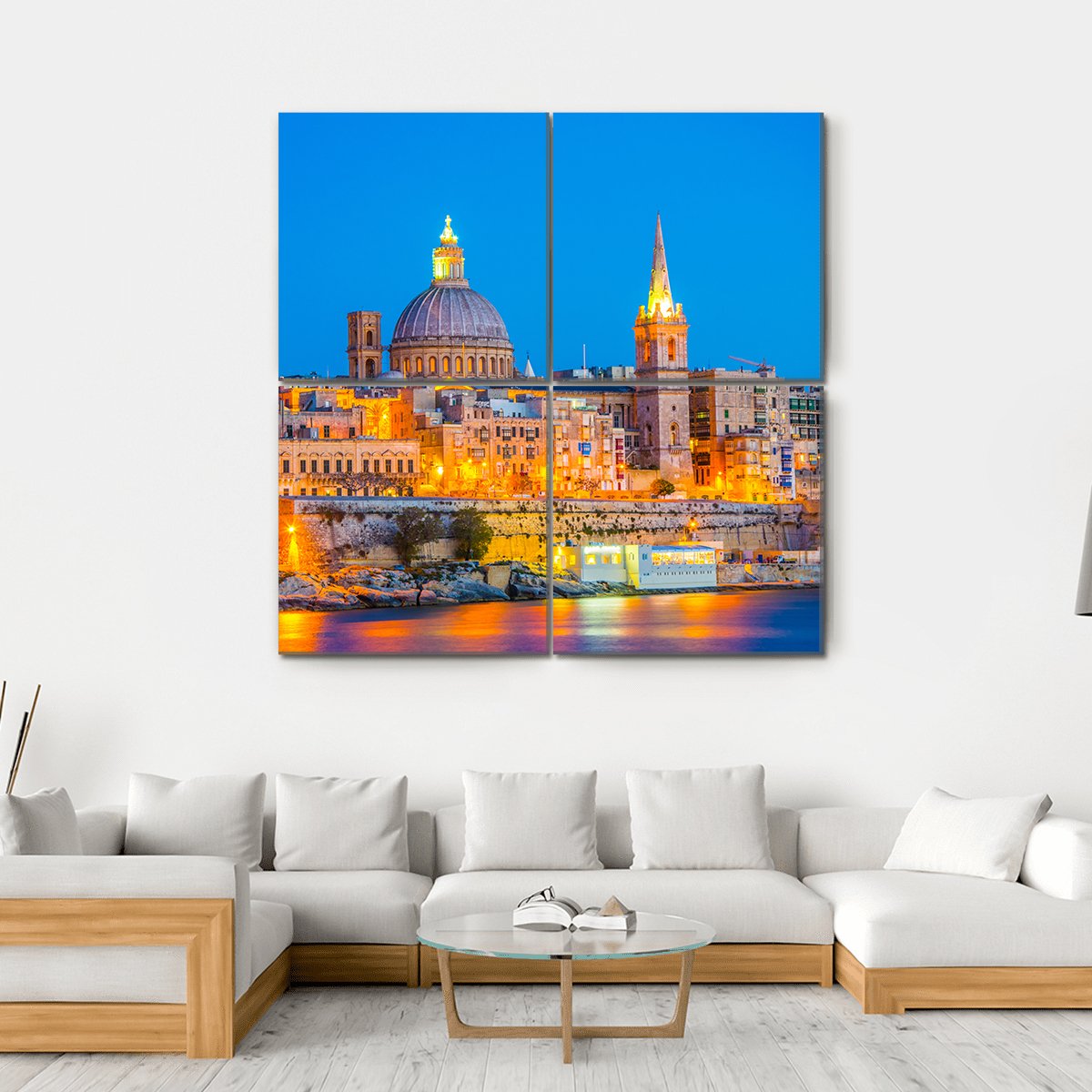 Skyline Of Valleta During Night In Malta Canvas Wall Art-4 Square-Gallery Wrap-17" x 17"-Tiaracle