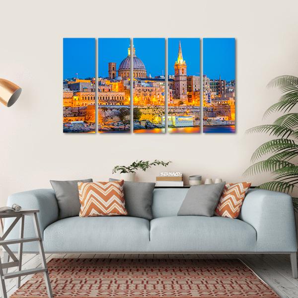 Skyline Of Valleta During Night In Malta Canvas Wall Art-5 Horizontal-Gallery Wrap-22" x 12"-Tiaracle