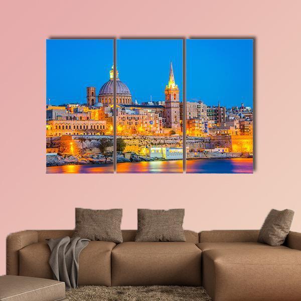 Skyline Of Valleta During Night In Malta Canvas Wall Art-3 Horizontal-Gallery Wrap-37" x 24"-Tiaracle