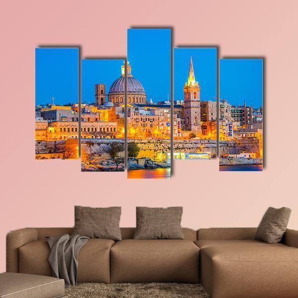 Skyline Of Valleta During Night In Malta Canvas Wall Art-5 Pop-Gallery Wrap-47" x 32"-Tiaracle