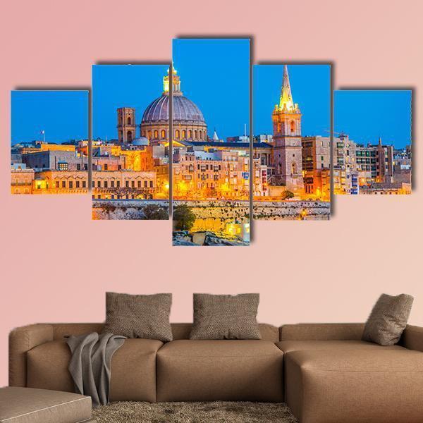 Skyline Of Valleta During Night In Malta Canvas Wall Art-5 Star-Gallery Wrap-62" x 32"-Tiaracle