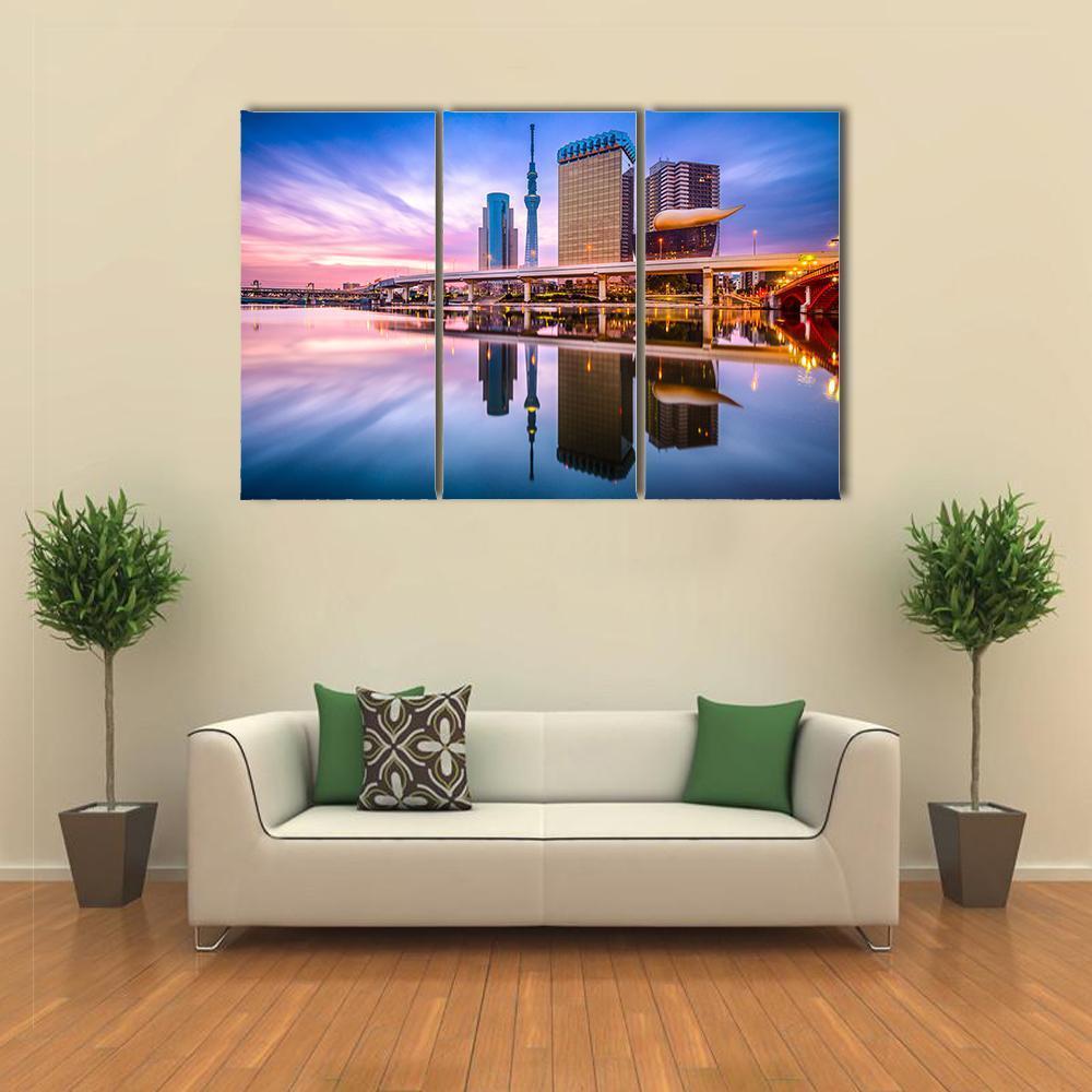 Skyline On The Sumida River At Dawn Canvas Wall Art-3 Horizontal-Gallery Wrap-37" x 24"-Tiaracle