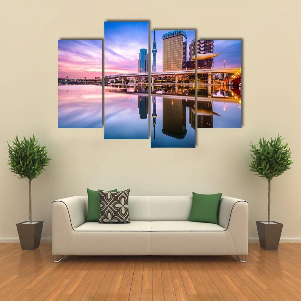 Skyline On The Sumida River At Dawn Canvas Wall Art-4 Pop-Gallery Wrap-50" x 32"-Tiaracle
