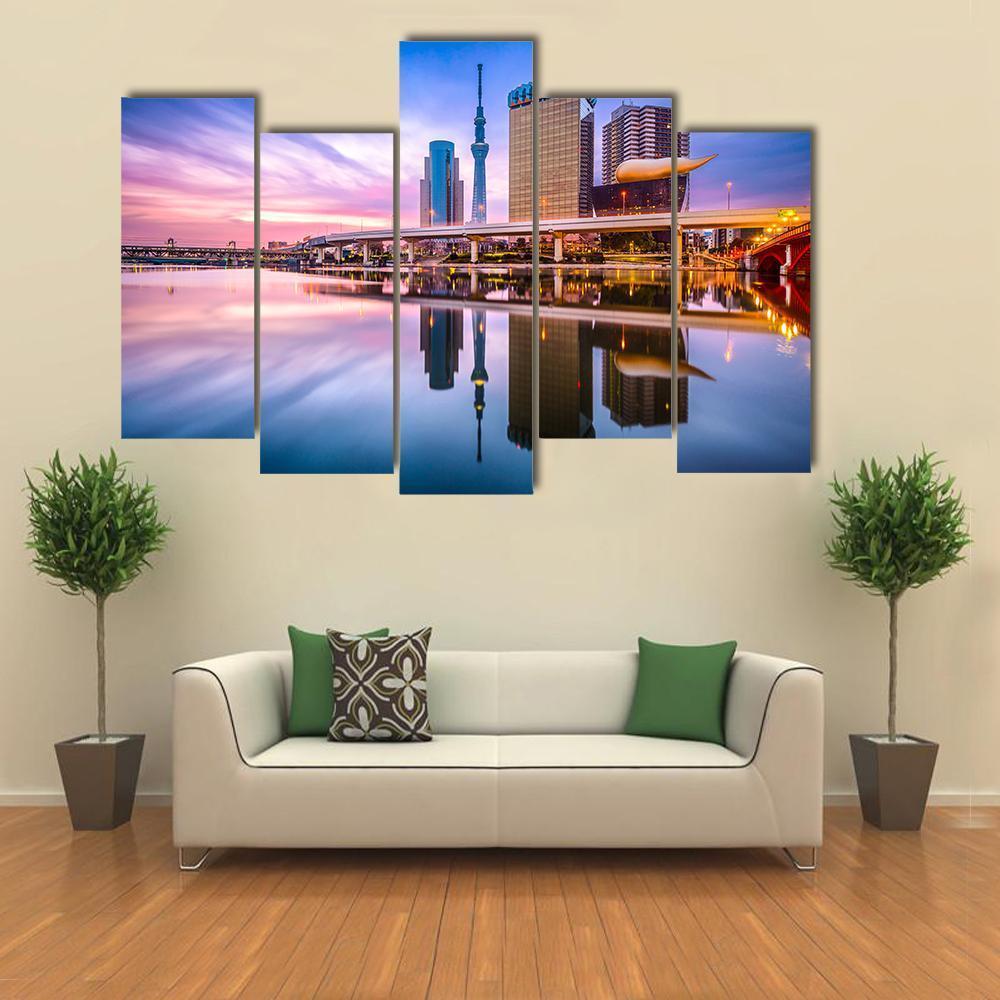 Skyline On The Sumida River At Dawn Canvas Wall Art-5 Pop-Gallery Wrap-47" x 32"-Tiaracle
