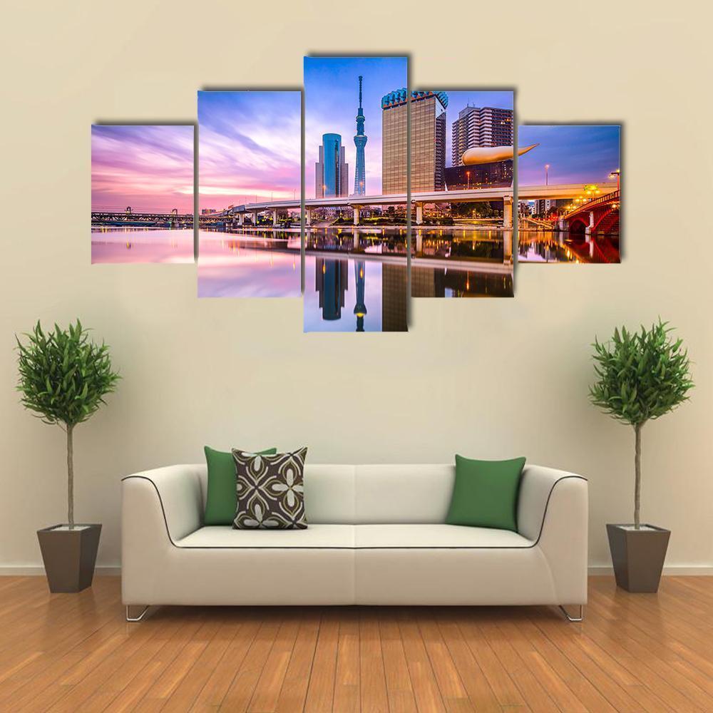 Skyline On The Sumida River At Dawn Canvas Wall Art-5 Star-Gallery Wrap-62" x 32"-Tiaracle