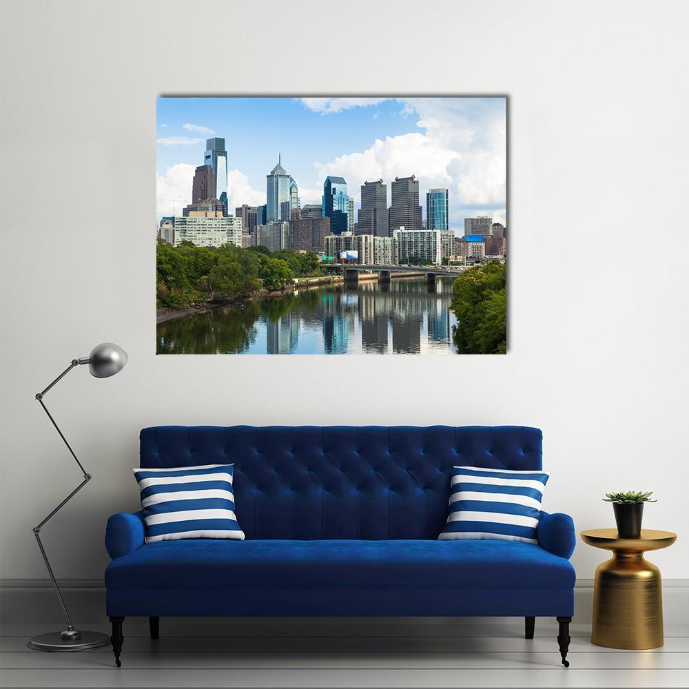 Philadelphia Skyline Over Schuylkill River Canvas Wall Art in gray, green and blue, single panel hung on a wall