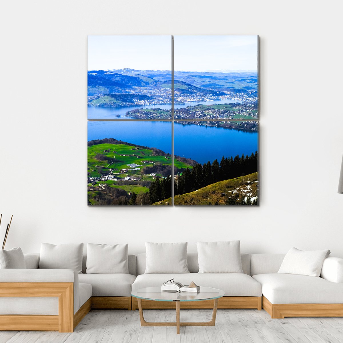 Skyline View Of Weggis And Lake Lucerne Canvas Wall Art-4 Square-Gallery Wrap-17" x 17"-Tiaracle