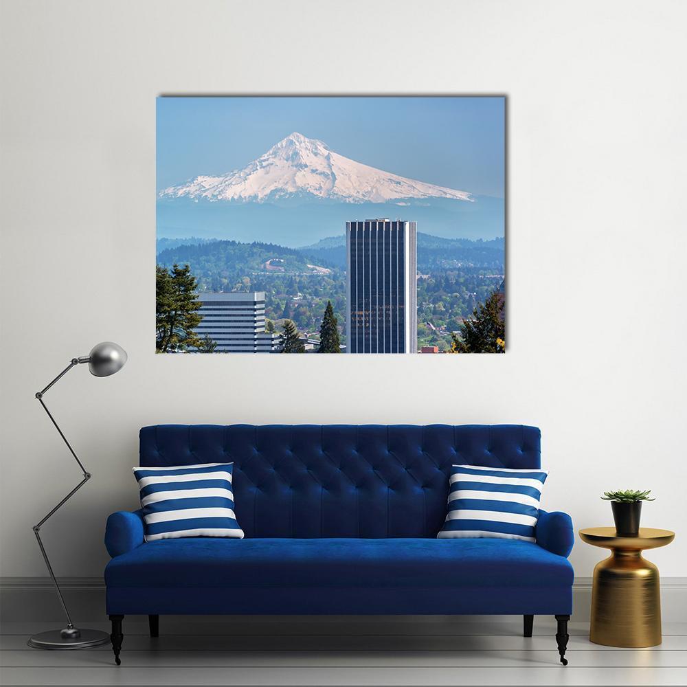 Downtown Portland Skyscrapers Canvas Wall Art in white, green and blue, single panel hung on a wall