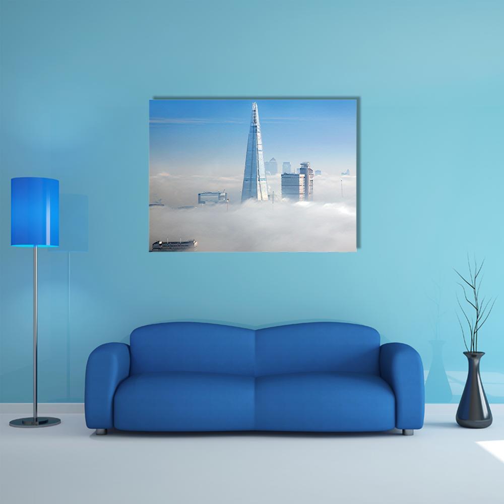 Misty London Eye View of Skyscrapers Canvas Wall Art in white, gray and blue, single panel hung on a wall