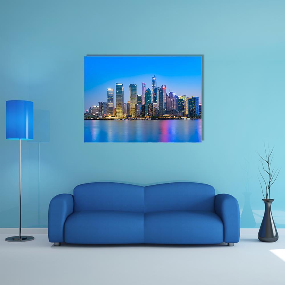 Shanghai Financial District Skyline at Dusk Canvas Wall Art in yellow, blue and purple, single panel hung on a wall