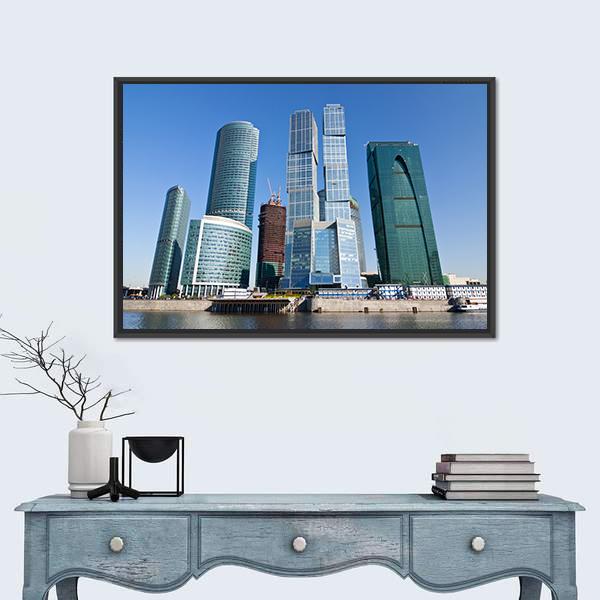 Skyscrapers Of Moscow City Under Blue Sky Canvas Wall Art-1 Piece-Floating Frame-24" x 16"-Tiaracle
