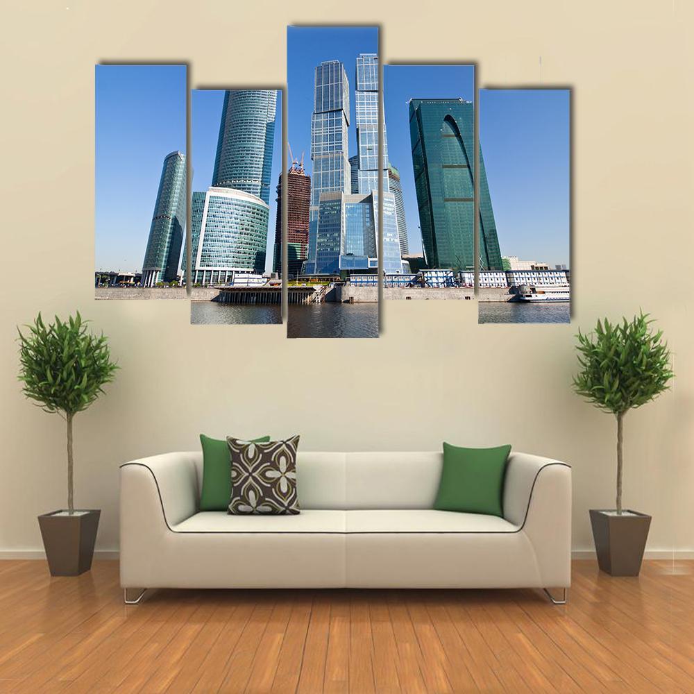 Skyscrapers Of Moscow City Under Blue Sky Canvas Wall Art-5 Pop-Gallery Wrap-47" x 32"-Tiaracle