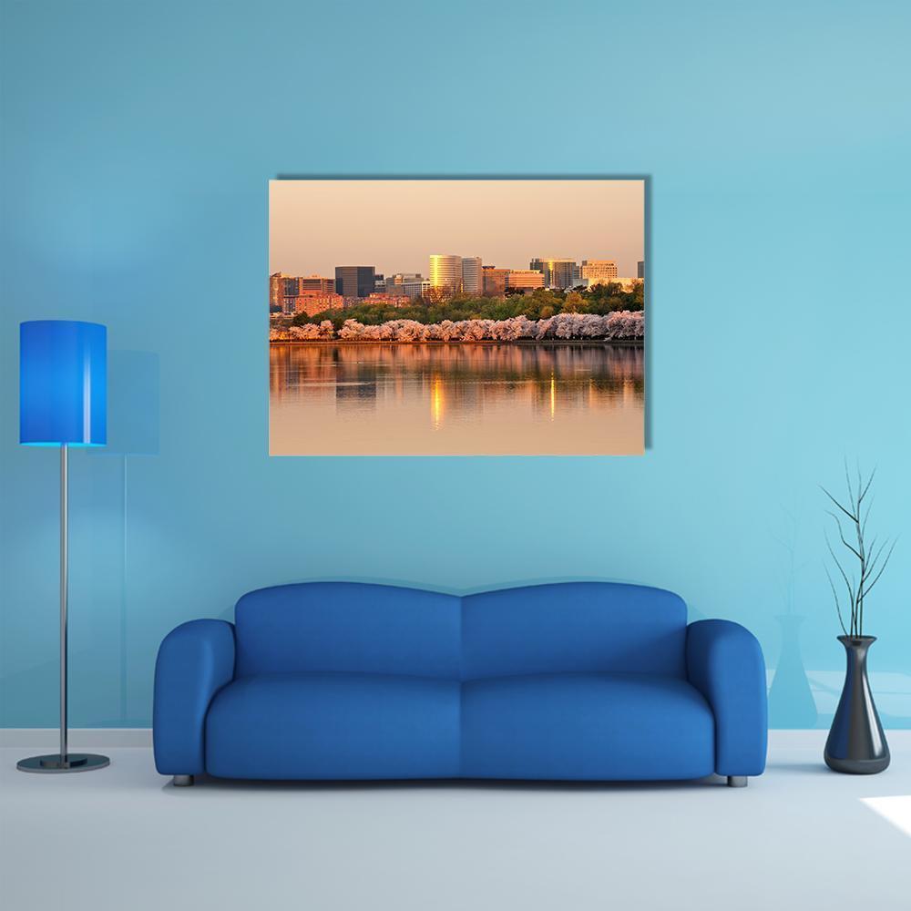 Rosslyn Skyscrapers at Golden Hour Canvas Wall Art in gold, orange and pink, single panel hung on a wall