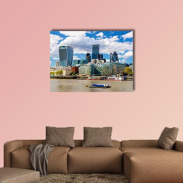 City of London Skyline with the Shard Canvas Wall Art in white, gray and blue, single panel hung on a wall
