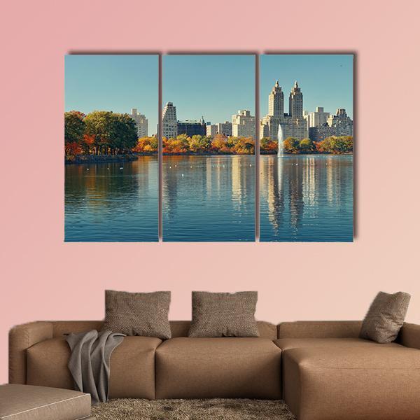 Skyscrapers Over Lake With Fountain In Manhattan Canvas Wall Art-3 Horizontal-Gallery Wrap-37" x 24"-Tiaracle
