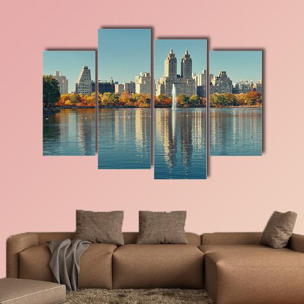 Skyscrapers Over Lake With Fountain In Manhattan Canvas Wall Art-4 Pop-Gallery Wrap-50" x 32"-Tiaracle