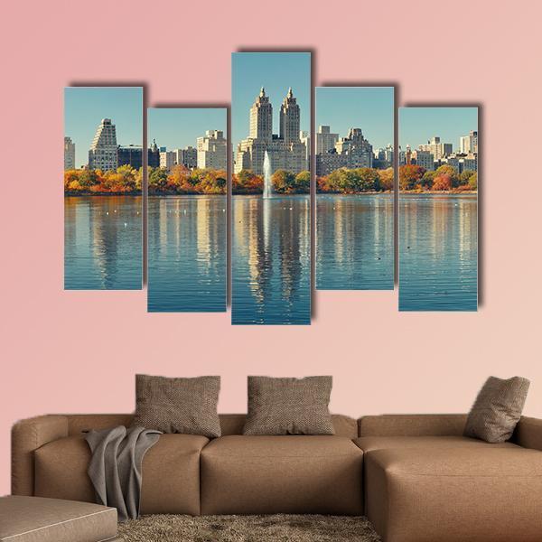 Skyscrapers Over Lake With Fountain In Manhattan Canvas Wall Art-5 Pop-Gallery Wrap-47" x 32"-Tiaracle