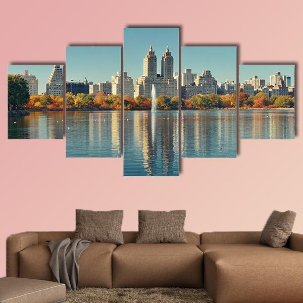 Skyscrapers Over Lake With Fountain In Manhattan Canvas Wall Art-5 Star-Gallery Wrap-62" x 32"-Tiaracle