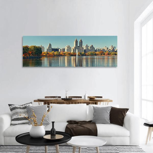 Skyscrapers Over Lake With Fountain In Manhattan Panoramic Canvas Wall Art-3 Piece-25" x 08"-Tiaracle