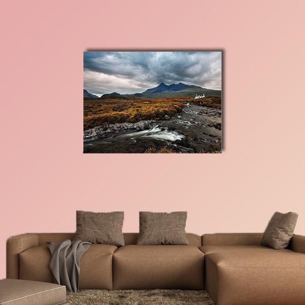 Sligachan Waterfall, Scottish Highlands Canvas Wall Art in black, gray and brown, single panel hung on a wall