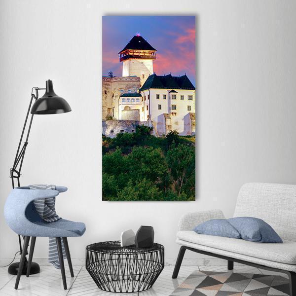 Castle in Trencin Vertical Canvas Wall Art in white, green and blue, single vertical panel hung on a wall