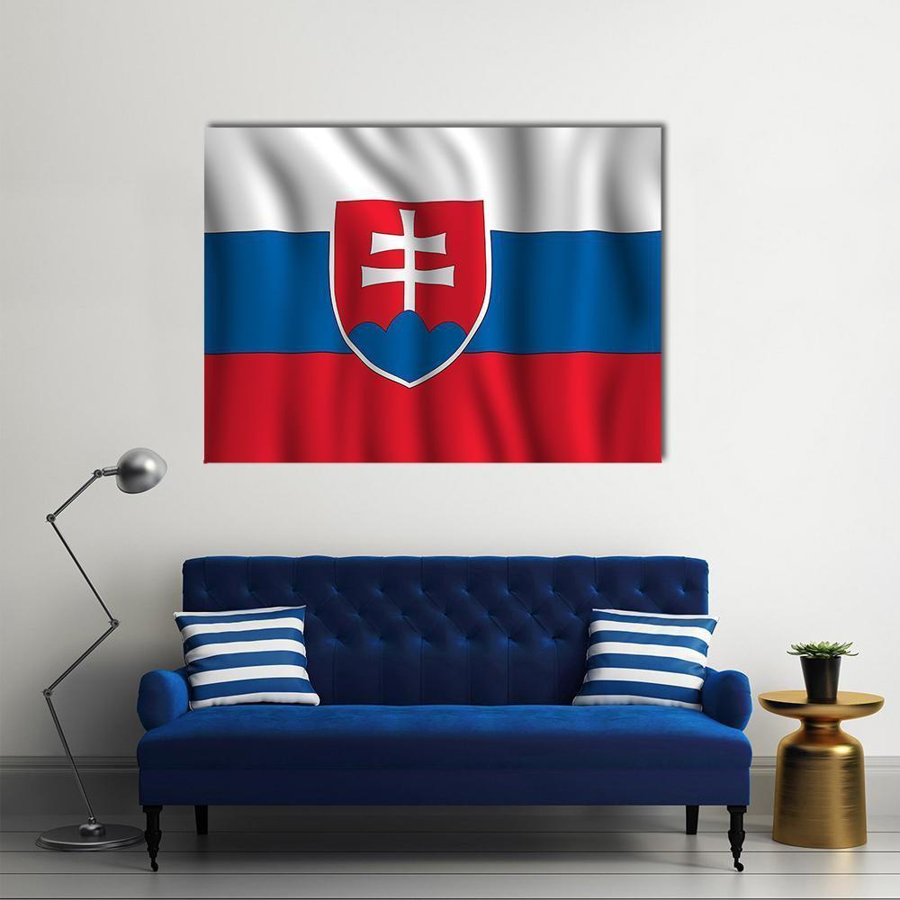 Slovakia Flag with Coat of Arms Canvas Wall Art in white, red and blue, single panel hung on a wall