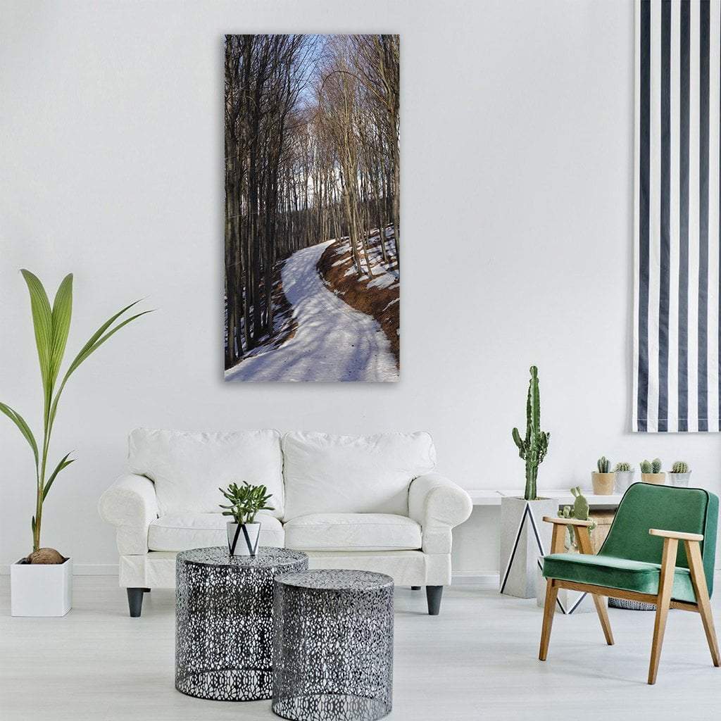 Snowy Forest Road in Slovakia Vertical Canvas Wall Art in white, gray and brown, single vertical panel hung on a wall