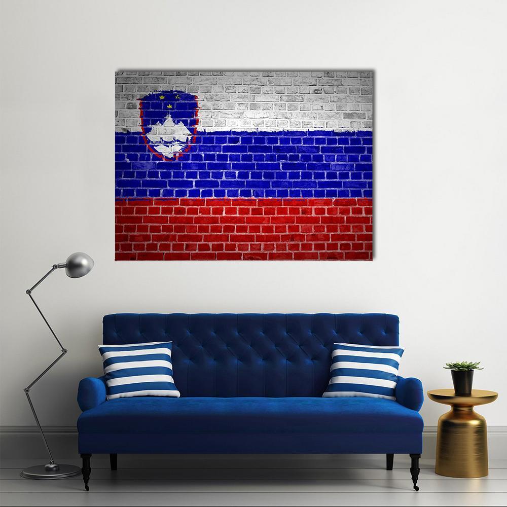 Slovenian Flag on Brick Canvas Wall Art in white, red and blue, single panel hung on a wall