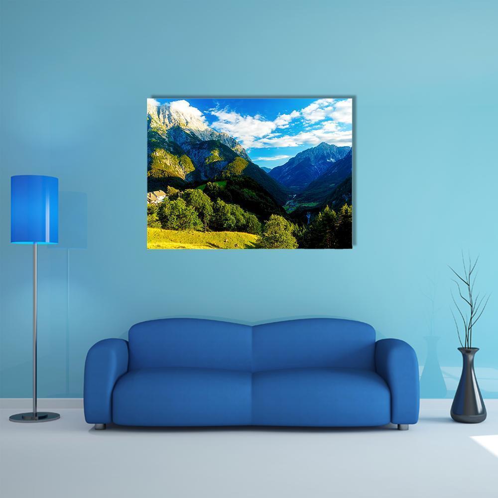 Slovenia Mountain and Valley Canvas Wall Art in white, green and blue, single panel hung on a wall