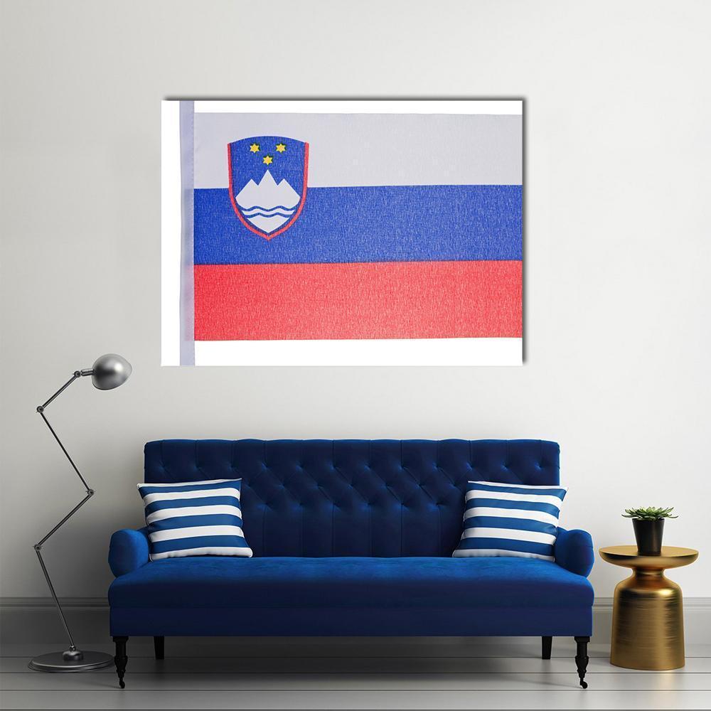 Slovenian Flag with Coat of Arms Canvas Wall Art in white, red and blue, single panel hung on a wall