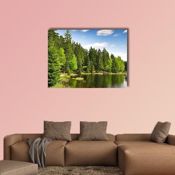Small Arber Lake Landscape Canvas Wall Art in green and blue, single panel hung on a wall