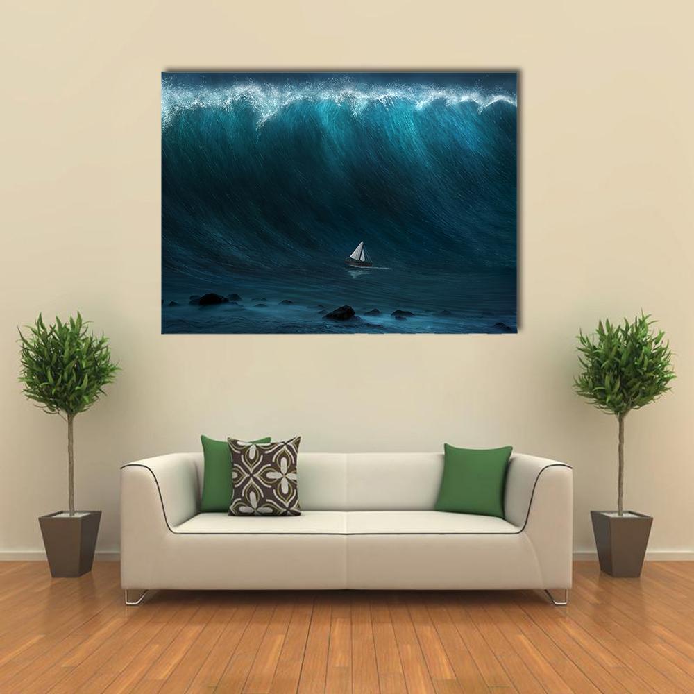 Small Boat Being Captured By A Large Wave Canvas Wall Art-1 Piece-Gallery Wrap-48" x 32"-Tiaracle
