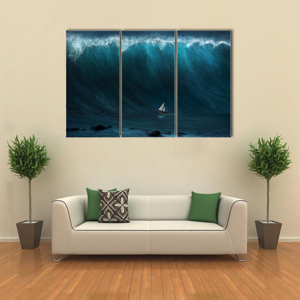 Small Boat Being Captured By A Large Wave Canvas Wall Art-3 Horizontal-Gallery Wrap-37" x 24"-Tiaracle