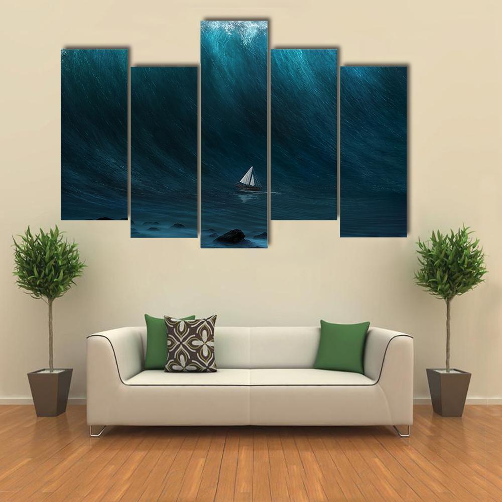 Small Boat Being Captured By A Large Wave Canvas Wall Art-5 Pop-Gallery Wrap-47" x 32"-Tiaracle