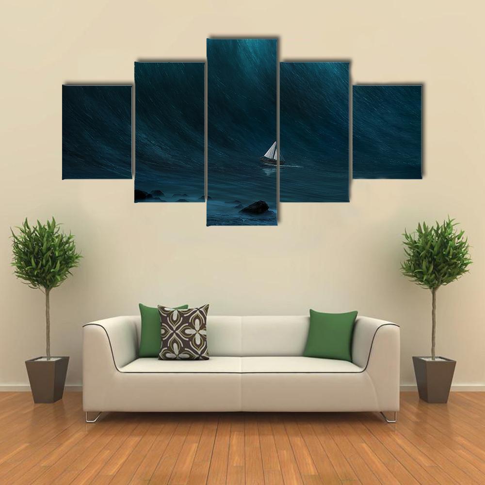 Small Boat Being Captured By A Large Wave Canvas Wall Art-5 Pop-Gallery Wrap-47" x 32"-Tiaracle