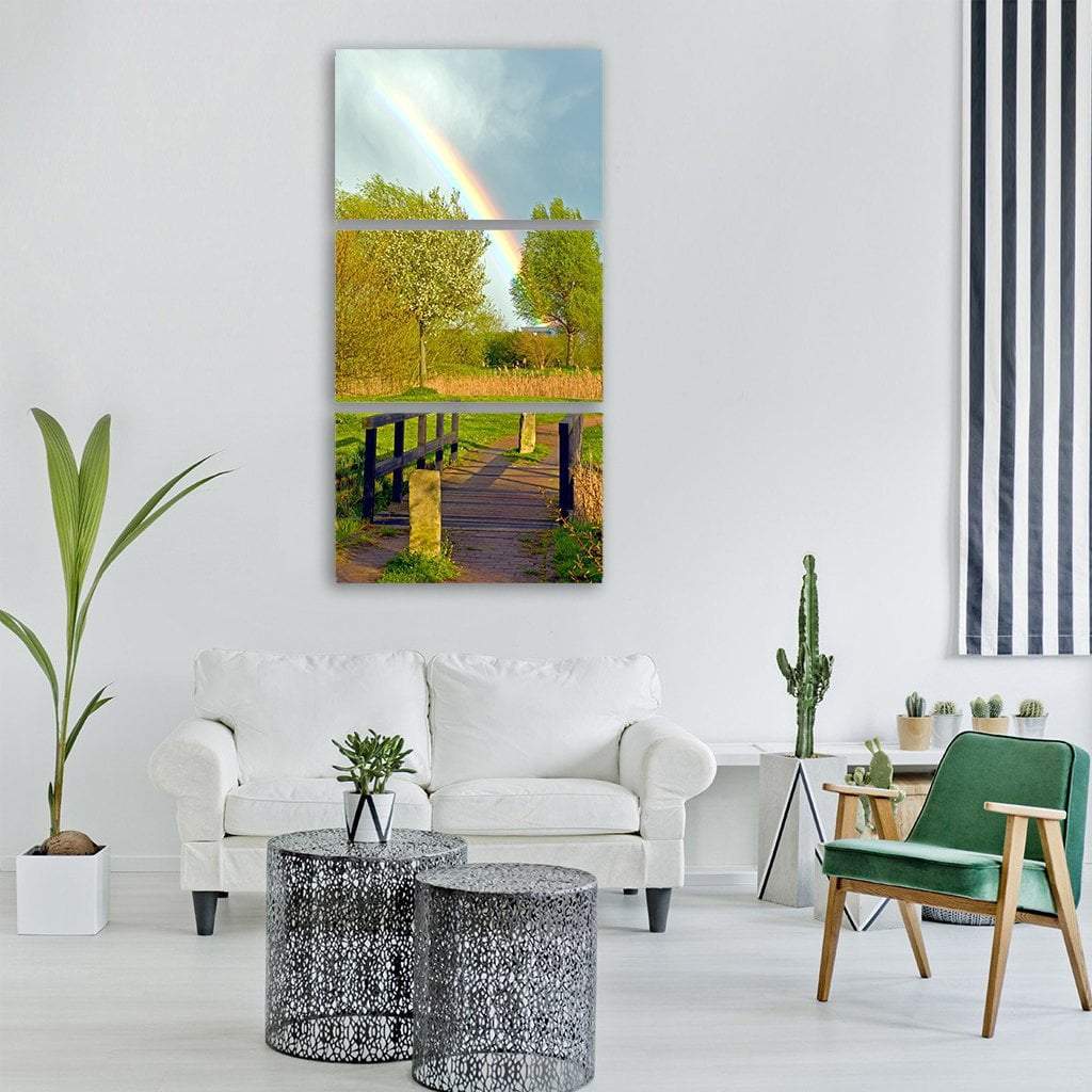 Small Bridge In Spring Fields Vertical Canvas Wall Art-3 Vertical-Gallery Wrap-12" x 25"-Tiaracle