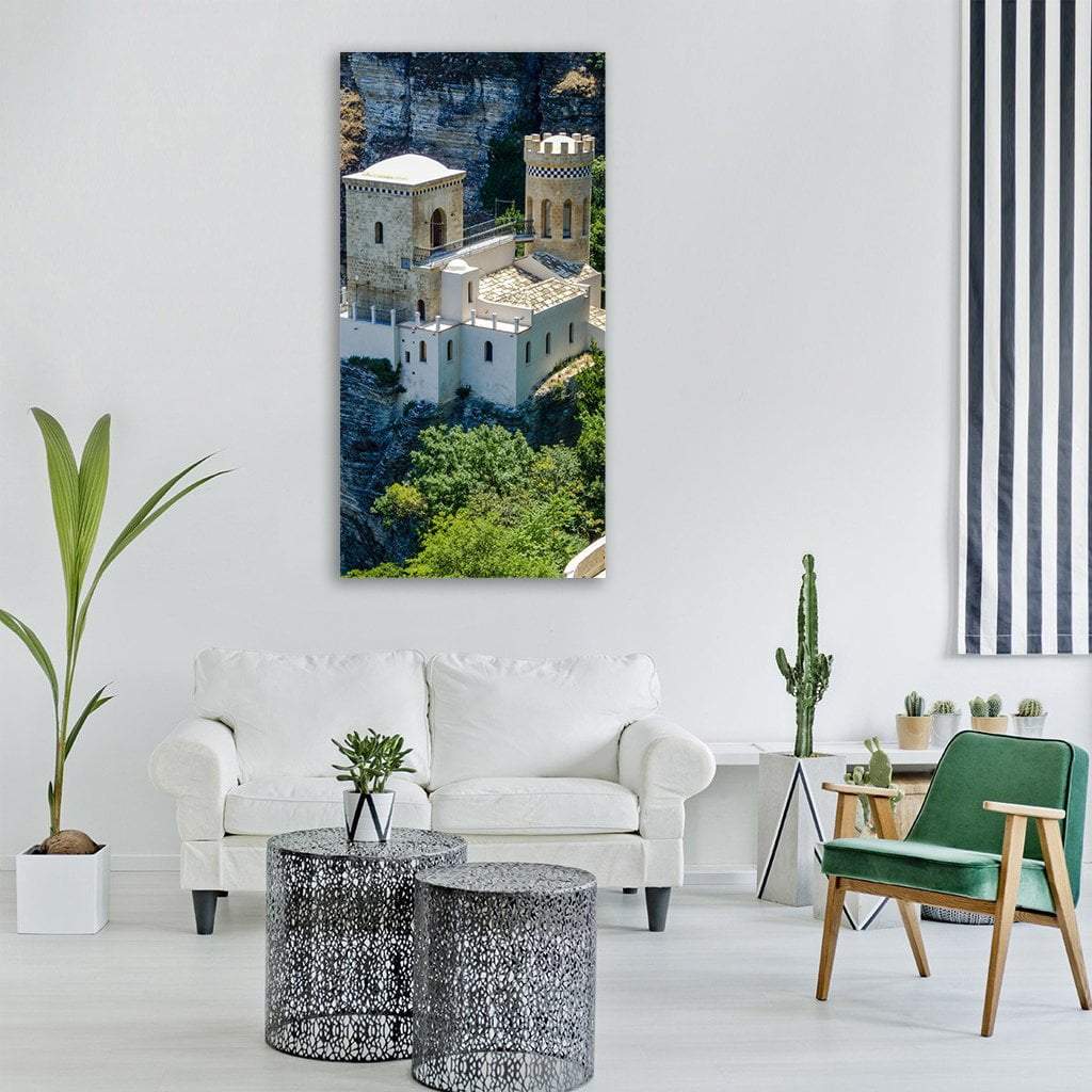 Small Castle in Sicily Vertical Canvas Wall Art in gray, beige and green, single vertical panel hung on a wall