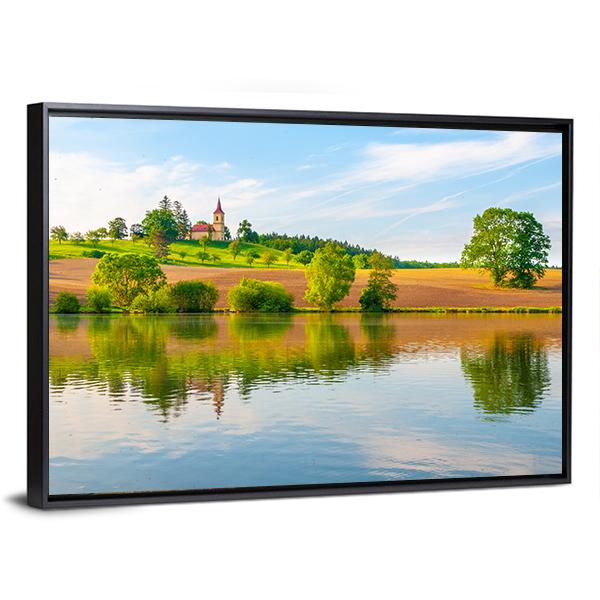 Small Church With Lake Canvas Wall Art-3 Horizontal-Gallery Wrap-25" x 16"-Tiaracle