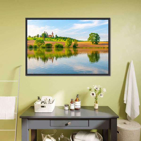 Small Church With Lake Canvas Wall Art-1 Piece-Floating Frame-24" x 16"-Tiaracle