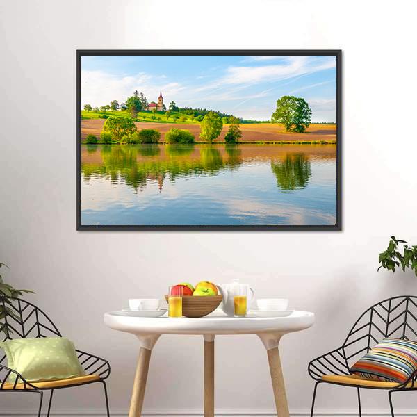 Small Church With Lake Canvas Wall Art-3 Horizontal-Gallery Wrap-25" x 16"-Tiaracle