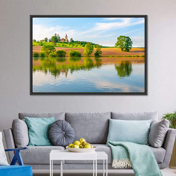 Small Church With Lake Canvas Wall Art-3 Horizontal-Gallery Wrap-25" x 16"-Tiaracle