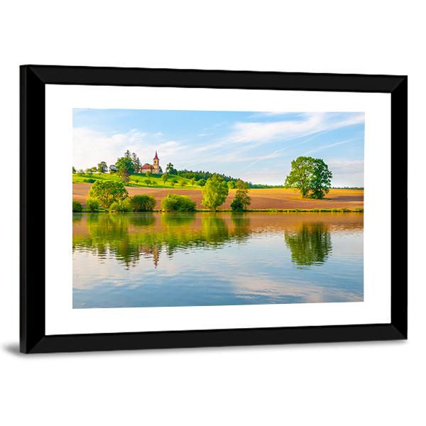 Small Church With Lake Canvas Wall Art-3 Horizontal-Gallery Wrap-25" x 16"-Tiaracle