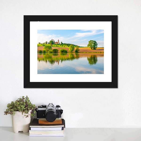 Small Church With Lake Canvas Wall Art-1 Piece-Framed Print-20" x 16"-Tiaracle