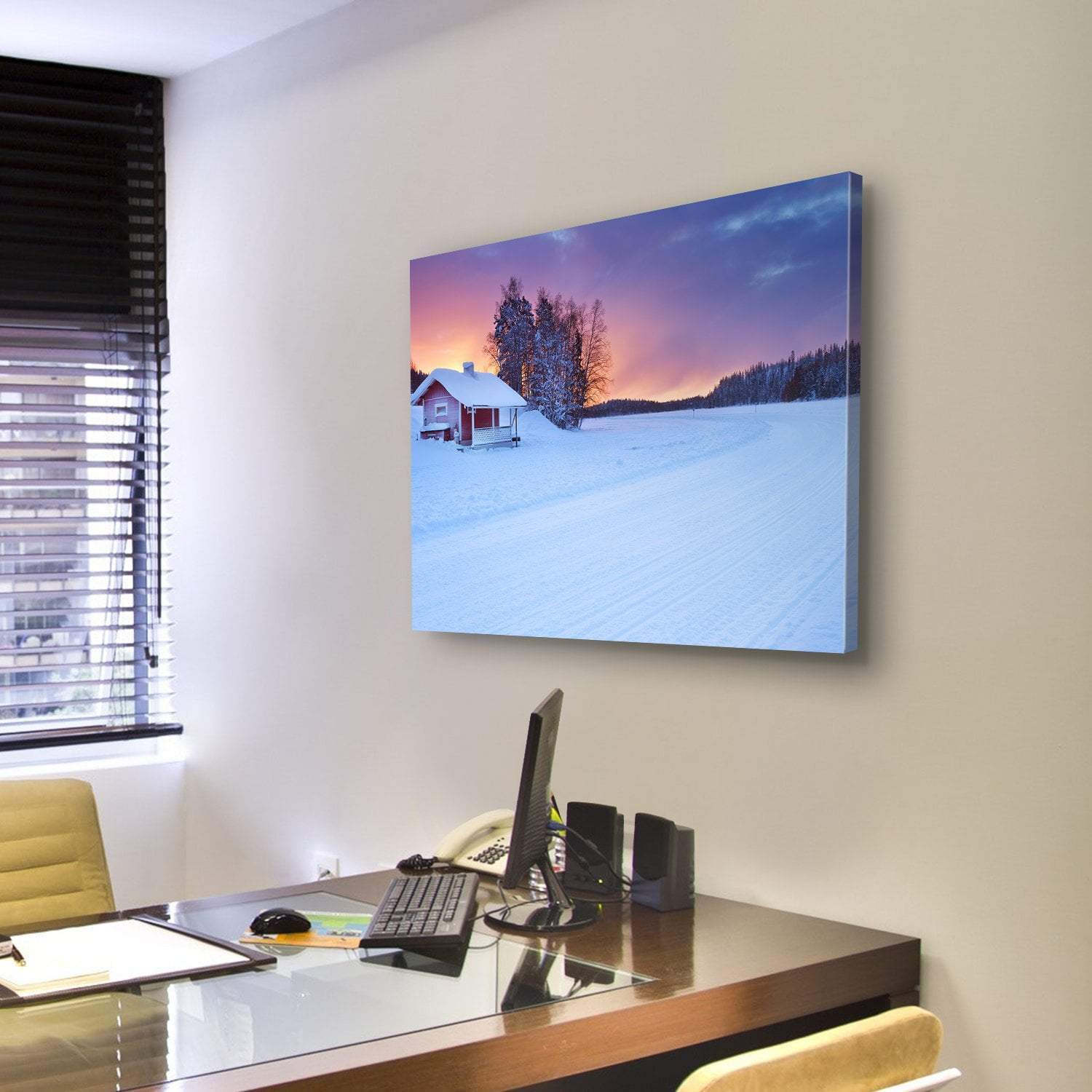 Small Cottage On The Edge Of A Frozen Lake Canvas Wall Art-4 Pop-Gallery Wrap-50" x 32"-Tiaracle