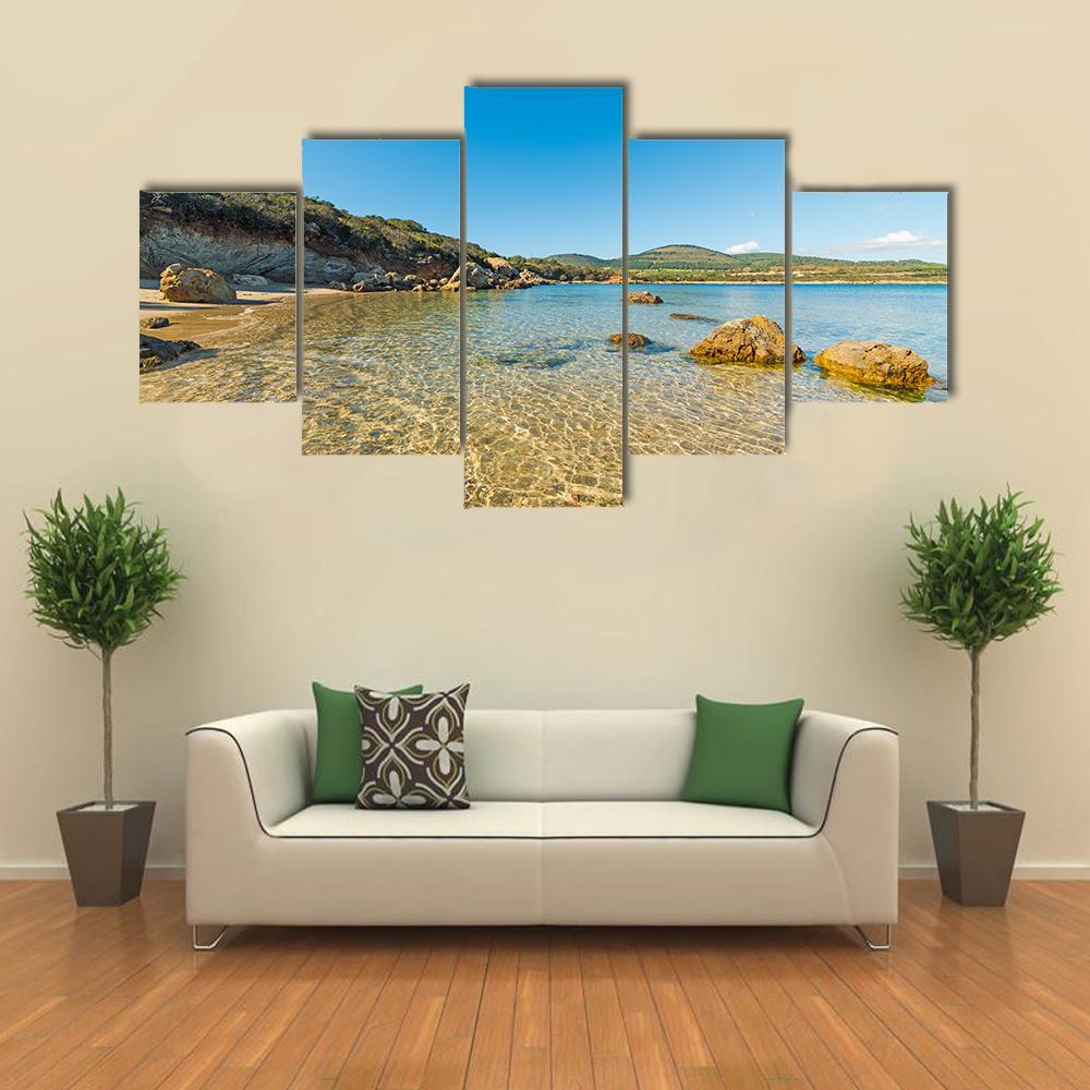 Small Cove With Sand And Rocks In Alghero Canvas Wall Art-5 Star-Gallery Wrap-62" x 32"-Tiaracle