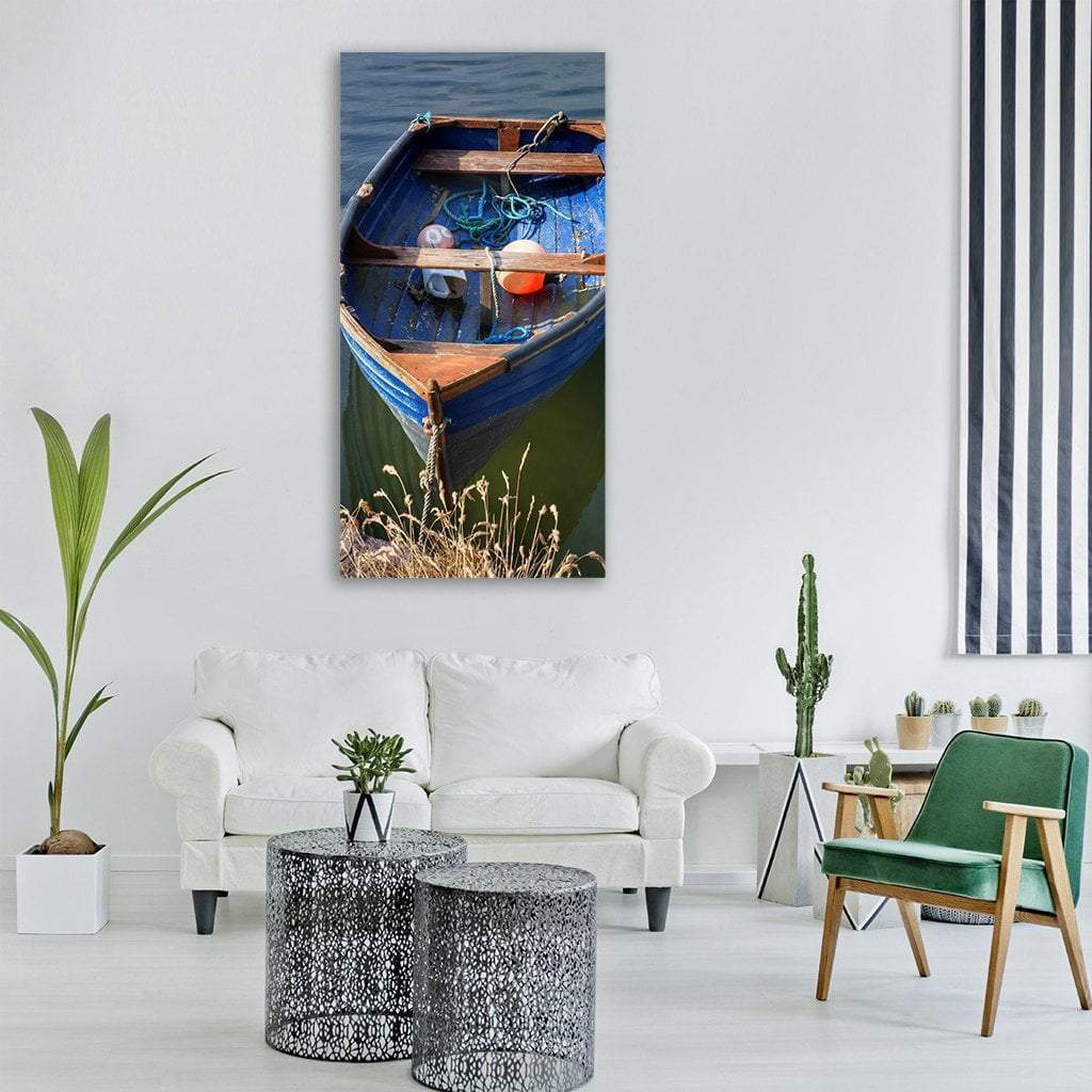 Small Fishing Boat In River Vertical Canvas Wall Art-3 Vertical-Gallery Wrap-12" x 25"-Tiaracle