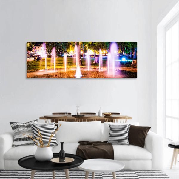 Small Fountain In The Park Panoramic Canvas Wall Art-3 Piece-25" x 08"-Tiaracle